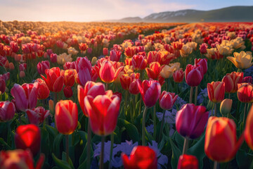 Mesmerizing Carpet Of Tulips In Full Bloom. Generative AI