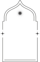 Aesthetic frame shape. Outline minimal graphic element with stars. Abstract boho arch with sparkles. Trendy ramadan islamic template for poster and story.