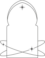 Aesthetic frame shape. Outline minimal graphic element with stars. Abstract boho arch with sparkles. Trendy ramadan islamic template for poster and story.
