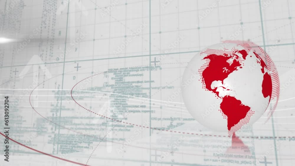 Poster animation of globe on circles over up arrows and computer language against abstract background