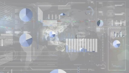 Animation of multiple graphs, loading bars and circles over globe against abstract background
