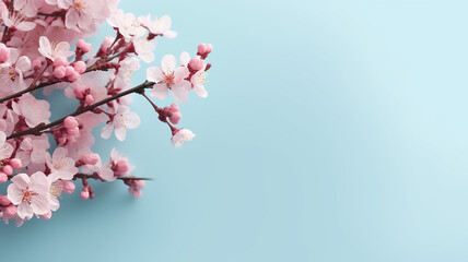 AI generative image of a flatlay of sakura flowers against a solid color background 