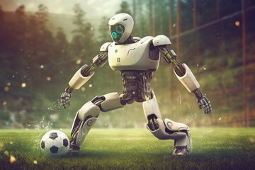 Fototapeta na wymiar Robot playing soccer sport. Generate Ai