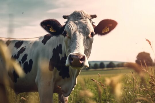 close-up cow graze in the meadow.Generative AI 