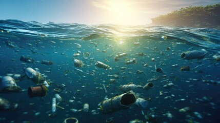 Fototapeta na wymiar A lot of Plastic water bottles pollution in ocean. environmental protection concept. Generetive AI.