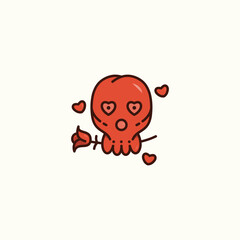 Skeleton head bites a rose in cartoon style