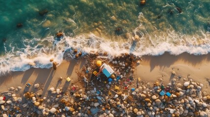 Fototapeta na wymiar Aerial view of Spilled garbage on beach of ocean. environmental protection concept. Generetive AI