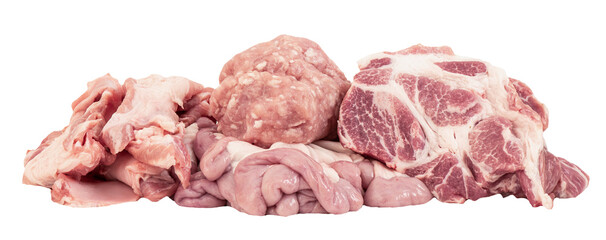 Pork ,pork bones, pork intestines and minced pork on transparent background.