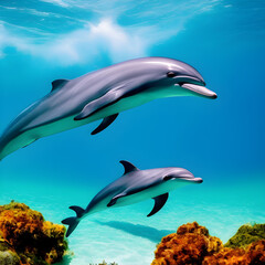Obraz na płótnie Canvas Beautiful under water view of dolphins in the ocean. (AI-generated fictional illustration)