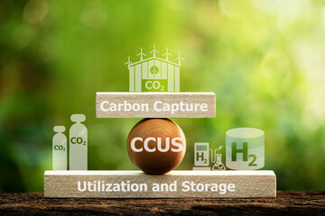 Carbon Capture, Utilization and Storage (CCUS) concept. Technology of CO2 capturing and store it underground or use it in other industrial production processes. Net zero target, limit global warming.