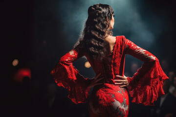 Flamenco Dancer In Beautiful Clothes Stands On Stage And Looks Out At The Audience, Rear View. Generative AI