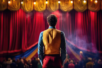 Fototapeta premium Circus Performer In Beautiful Clothes Stands On Stage And Looks Out At The Audience, Rear View. Generative AI