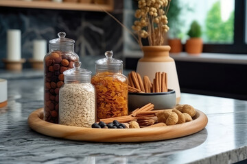Fototapeta na wymiar Marble Stone Stand On The Kitchen Table Against The Background Of Spices And Jars With Cereals. Generative AI