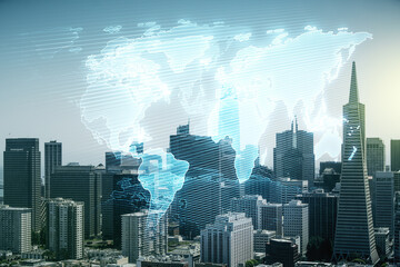 Fototapeta na wymiar Multi exposure of abstract graphic world map hologram on San Francisco office buildings background, connection and communication concept
