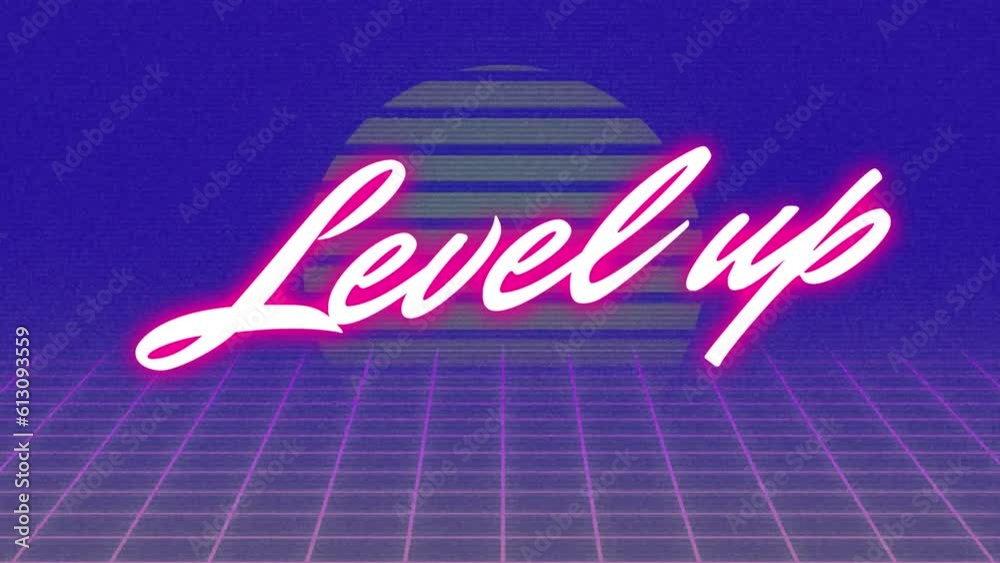 Wall mural animation of level up text over grid pattern and bar forming sun against blue background