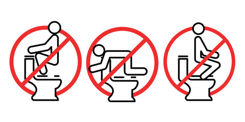 Always sit down when using toilet symbol and the prohibited uses of the toilet