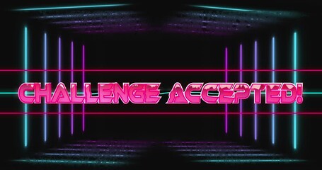 Animation of challenge accepted and exclamation over lines against black background - Powered by Adobe