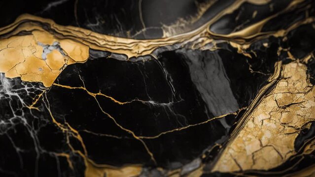 Luxury Black Marble stone with gold lines background texture. Slow panoramic camera motion, macro with deep focus (blur). High detailed 4K video.  Pattern texture surface panning background. 