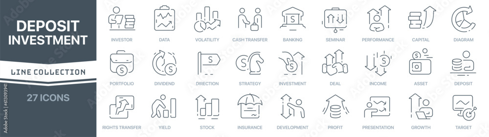 Aufkleber deposit and investment linear signed icon collection. signed thin line icons collection. set of depo