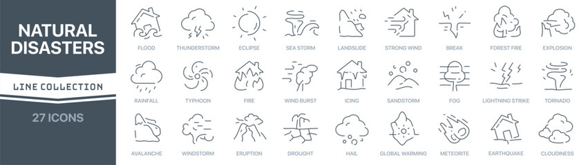 Natural disasters linear signed icon collection. Signed thin line icons collection. Set of natural disasters simple outline icons