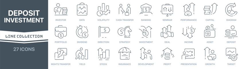 Deposit and investment linear signed icon collection. Signed thin line icons collection. Set of deposit and investment simple outline icons