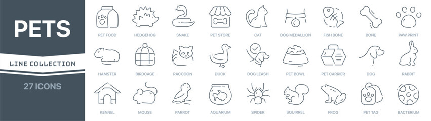 Pets linear signed icon collection. Signed thin line icons collection. Set of pets simple outline icons