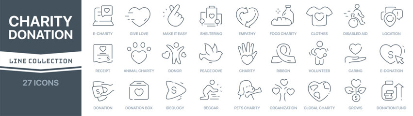 Charity and donation linear signed icon collection. Signed thin line icons collection. Set of charity and donation simple outline icons
