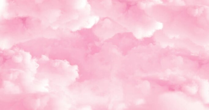 Animated pink clouds. Background with vanilla sky. Camera moving through pink clouds stops for a while and moving again to pink world