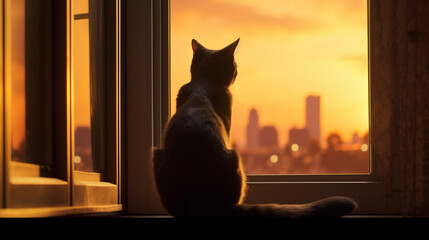 A captivating silhouette of a cat perched on a windowsill, framed by a golden sunset, portraying the serene and independent spirit of cats Generative AI