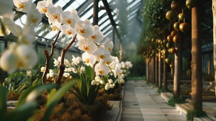 greenhouse with orchids.Neural network AI generated. 