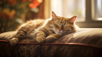 A serene image of a cat peacefully napping in a sunbeam, illustrating their ability to find comfort and relaxation in the simplest of moments Generative AI