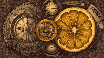 Fototapeta na wymiar oranges and lemons, enginer, generative, ai, steampunk, background