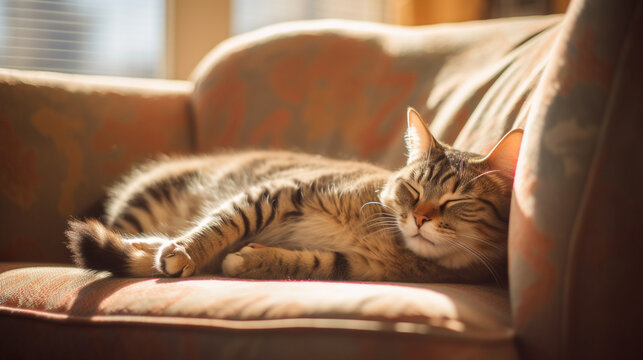 A serene image of a cat peacefully napping in a sunbeam, illustrating their ability to find comfort and relaxation in the simplest of moments Generative AI