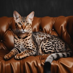 Elegant Ocicat on Sleek Leather Sofa