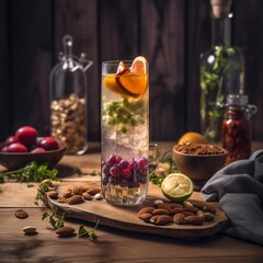 Tall glass of refreshing Almdudler with savory snacks