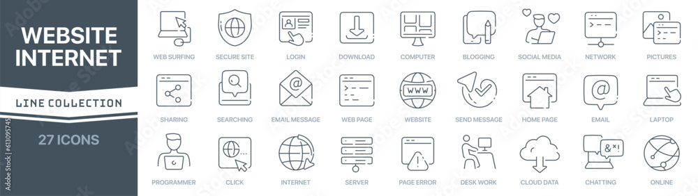 Poster Website and internet linear signed icon collection. Signed thin line icons collection. Set of website and internet simple outline icons
