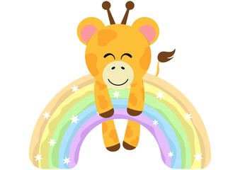 Cute giraffe hanging on magic rainbow
