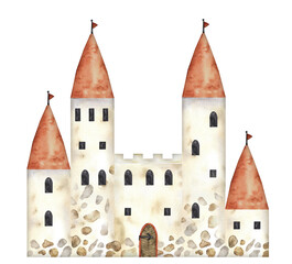 Fototapeta premium Medieval childish castle watercolor hand drawn illustration. Paint drawing fairy tail antique building with towers, flags, windows and gate isolated. Watercolor illustration