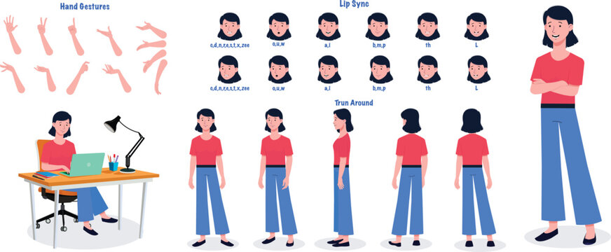 A Female model sheet. Woman creation set. Girl turnaround sheet, hand gestures, lip sync
