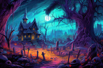 haunted house, creepy halloween cemetery painting, Generative AI