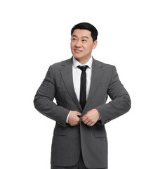 Businessman in suit posing on white background