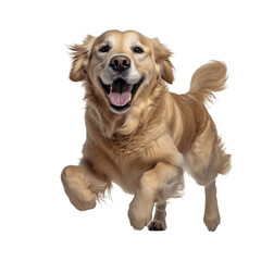 Golden retriever dog smiling and jumping isolated on a white background