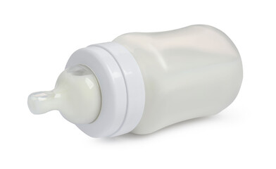 One feeding bottle with infant formula on white background