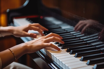 Obraz premium Favorite classical music. Closeup of gentle female hand playing the piano. Generative AI