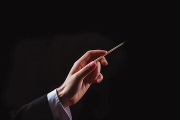 Male orchestra conductor on black background. Close up of orchestra conductor's hand. Generative AI