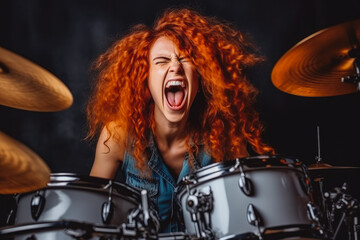 Portrait of emotional woman playing drums in studio. Passionate drum player playing at a concert. Generative AI - obrazy, fototapety, plakaty