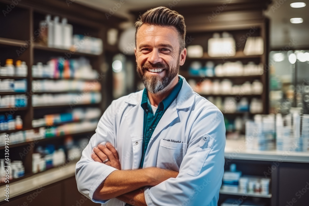 Wall mural Confident handsome pharmacist at work portrait. Photo of a professional pharmacist checking stock in the storage room. Generative AI