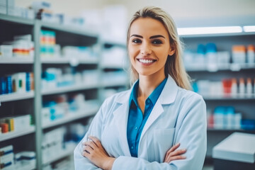 Photo of a beautiful professional female pharmacist working in chemist shop or pharmacy. Pharmacist at work. Generative AI