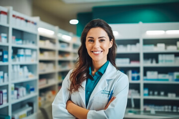 Photo of a beautiful professional female pharmacist working in chemist shop or pharmacy. Pharmacist at work. Generative AI - obrazy, fototapety, plakaty