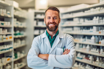 Confident handsome pharmacist at work portrait. Photo of a professional pharmacist checking stock in the storage room. Generative AI - obrazy, fototapety, plakaty